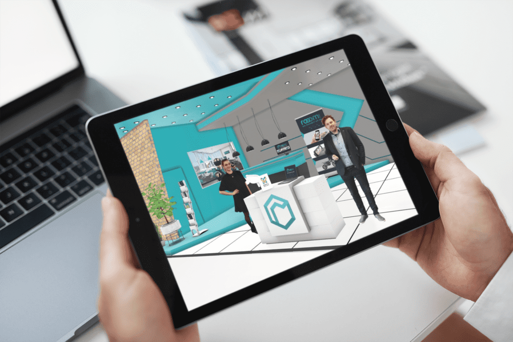 Virtueller Messestand mit Avataren Virtueller Messestand auf Tablet