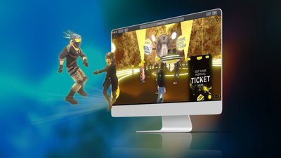 Virtual Festival SMS.XR with dancing avatars coming out of a monitor
