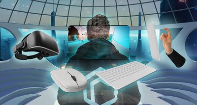 Human in metaverse space with UX control elements